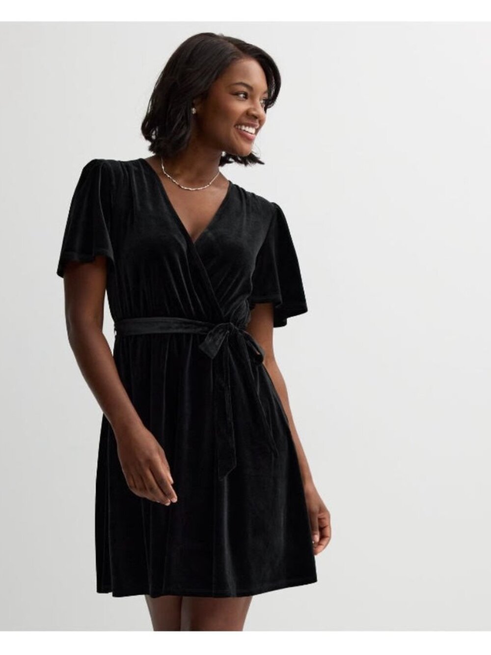 Draper James Womens L Black Flutter Sleeve V-Neck Tie Waist Velvet Dress Holiday